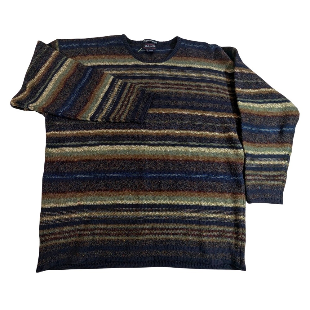 Gant Mens Lambswool Cotton Striped Crewneck Sweater Blue Green Brown‎ Large L